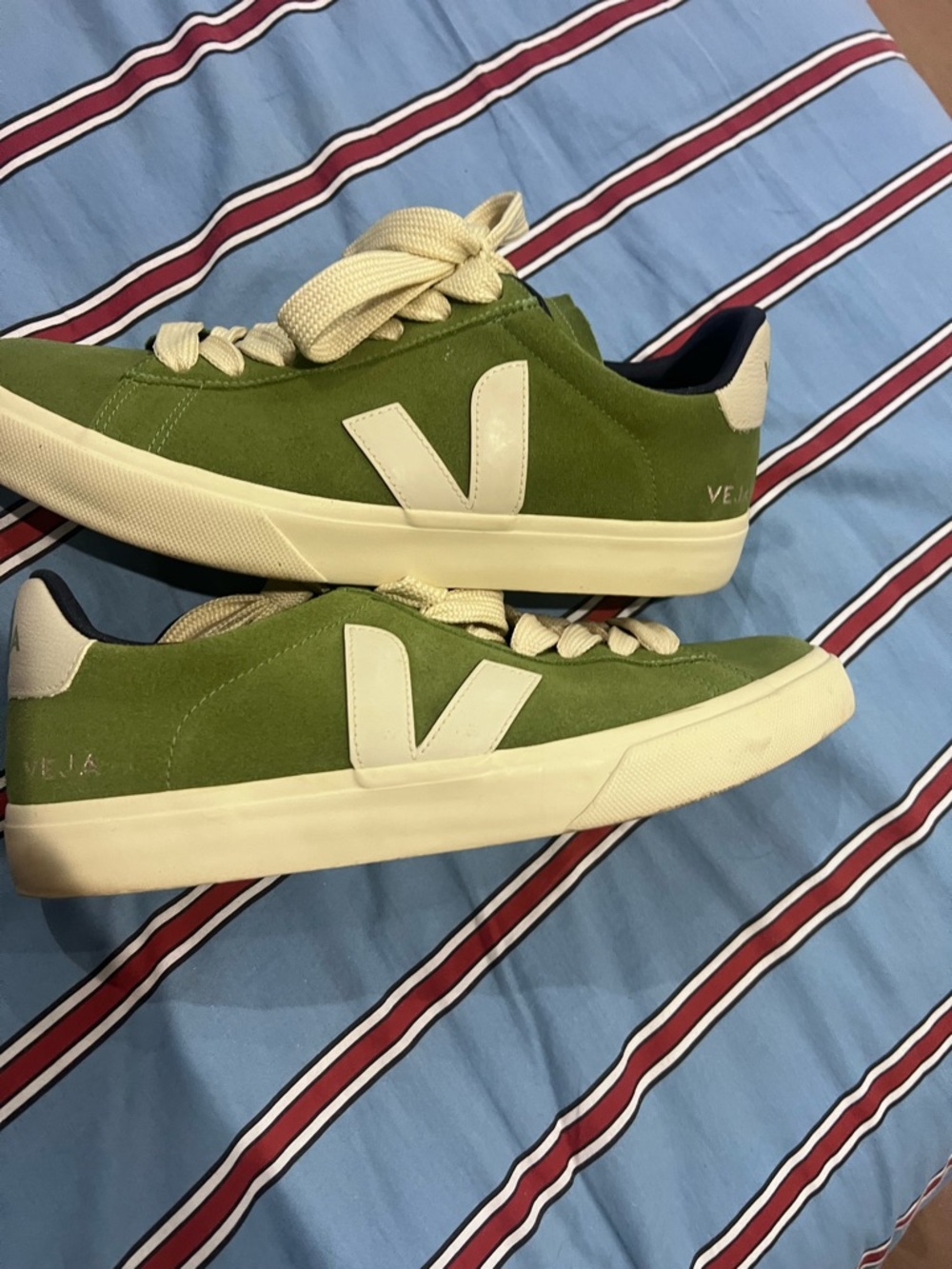 Veja Green Suede Low-Top Sneakers with Cream Accents